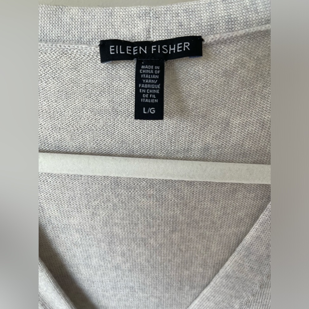 Eileen Fisher Fine Merino Wool Long V Neck Cardigan with Pockets Light Gray L - Picture 3 of 11